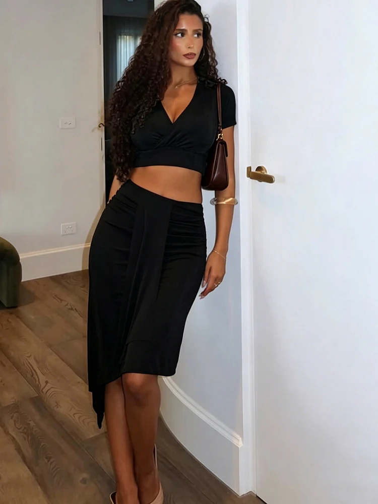 

Sistetrlinda Elegant Thin Velvet 2 Piece Set Women V-Neck Short Sleeve Crop Top+Ruched Ribbon Patchwork Irregular Hem Party Suit