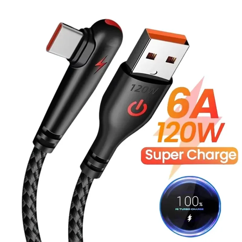 

90 Degree Elbow Type C USB Fast Charging Cable for Huawei Mate 60 50 40 P60 P50 Honor Xiaomi Redmi POCO 120W Quick Charger Cable