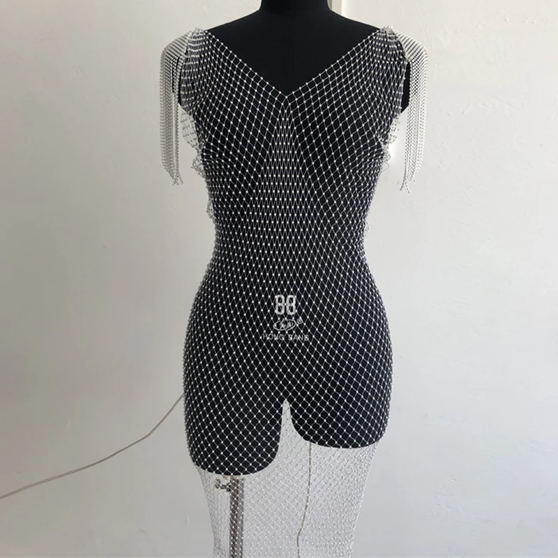 Strass-Fransen Netz-Überwurfkleid Transparentes Fischnetz-Quasten-Minikleid für Damen Clubwear Strand-Bikini-Überwurf Schwarz Weiß – Detail 7