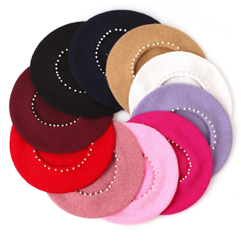 Woman Autumn Winter French Rhinestone Pearls Wool Berets for Female French Artist Wool Cap Retro Hat Solid Color Lady Caps