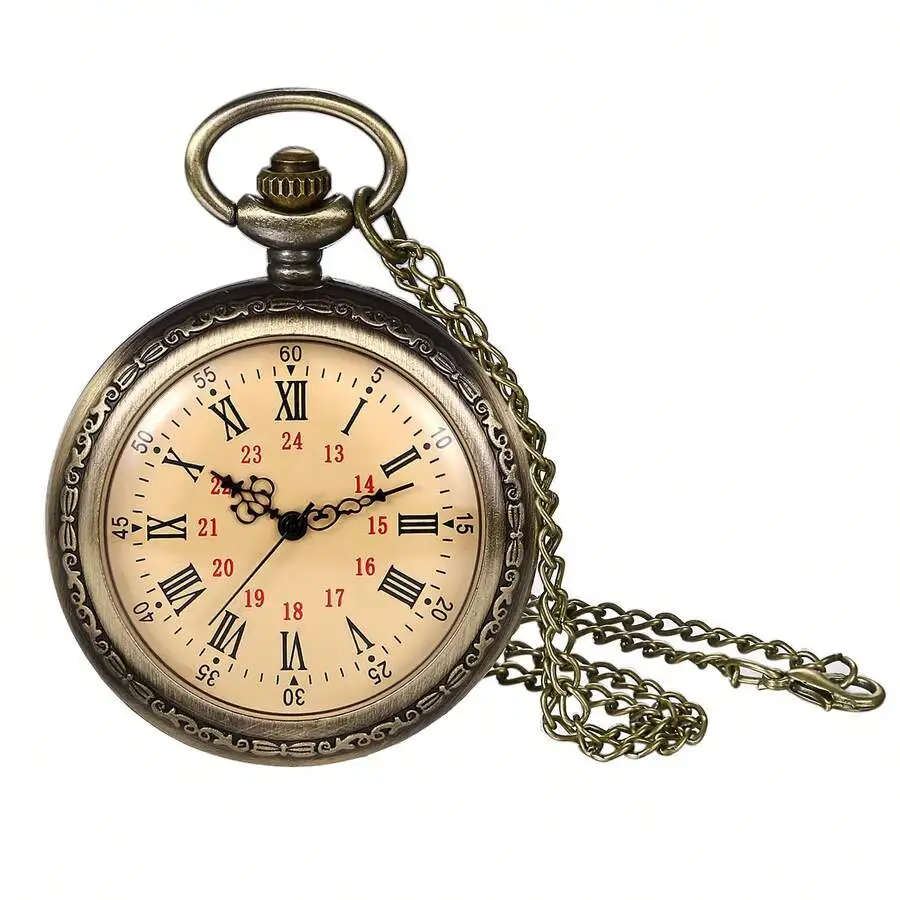 JEWELRYWE Vintage Men's Analog Quartz Pocket Watch, Roman Numerals Scale, Arabic Numerals Scale, 24 Hour System With Chain,