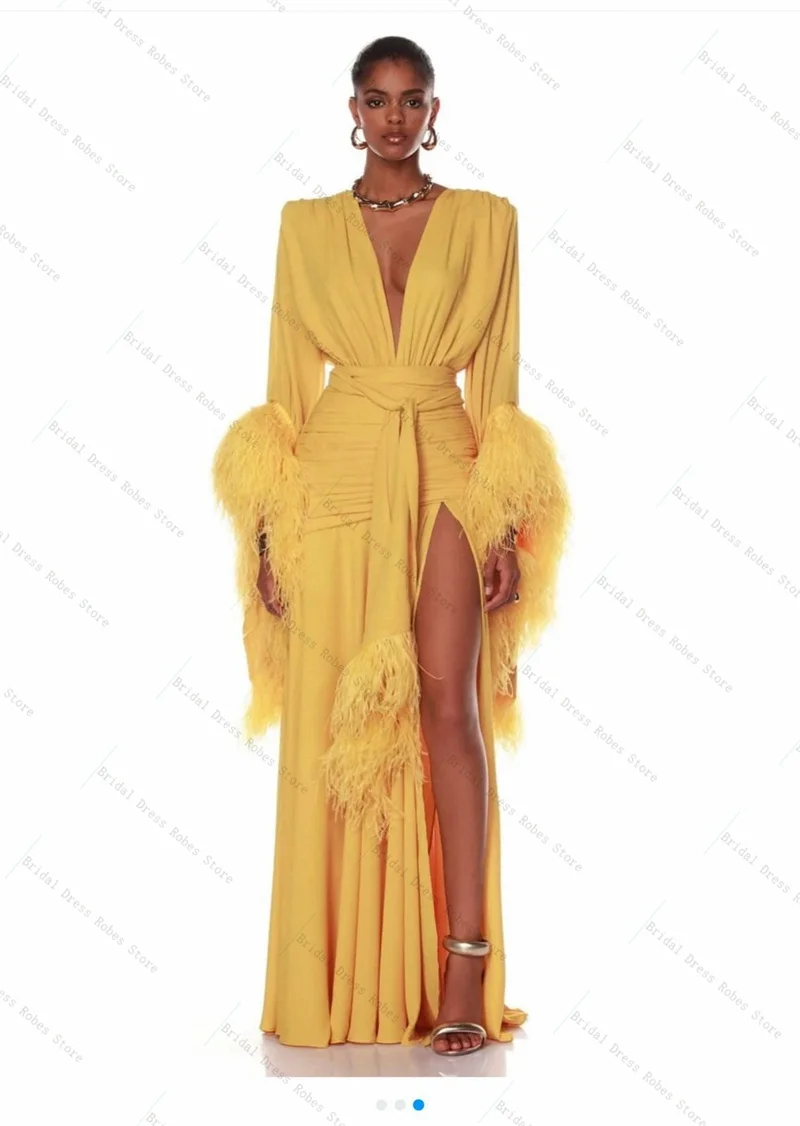 

Yellow Feather Women Pregnant Prom Dress For Photo Shoot Sexy V Neck Night Gown Bridal Morning Robe Customized Long Party Skirt