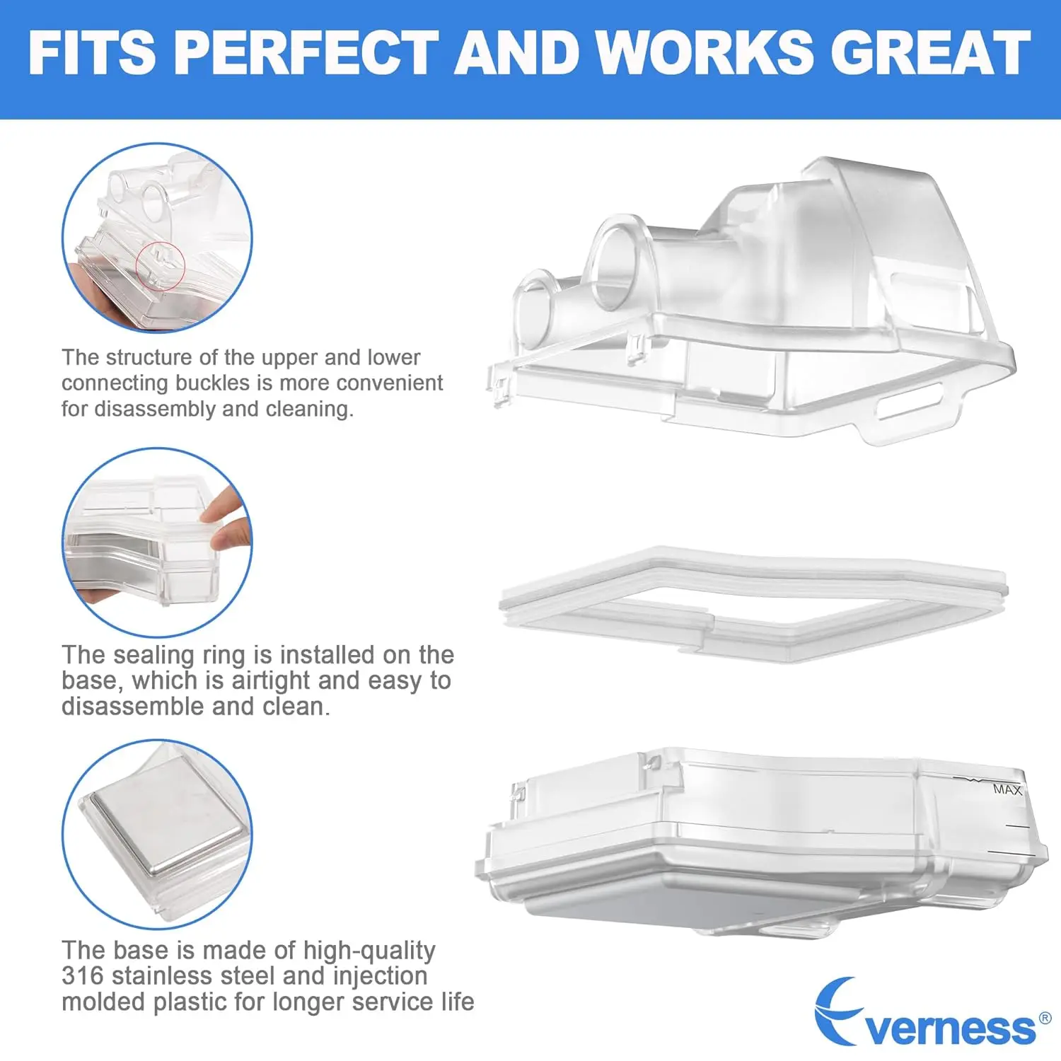 Сменная водяная камера, совместимая с AirSense 10 и AirCurve 10, надежное уплотнение и долговечность. Поставляется Everness.