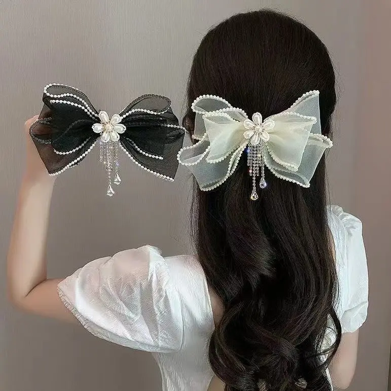 Light Luxury Lace Bow Hair Clip Super Sparkling Water Diamond Mesh Girl Gold Edge Back Head Spring Clip Hair Accessories