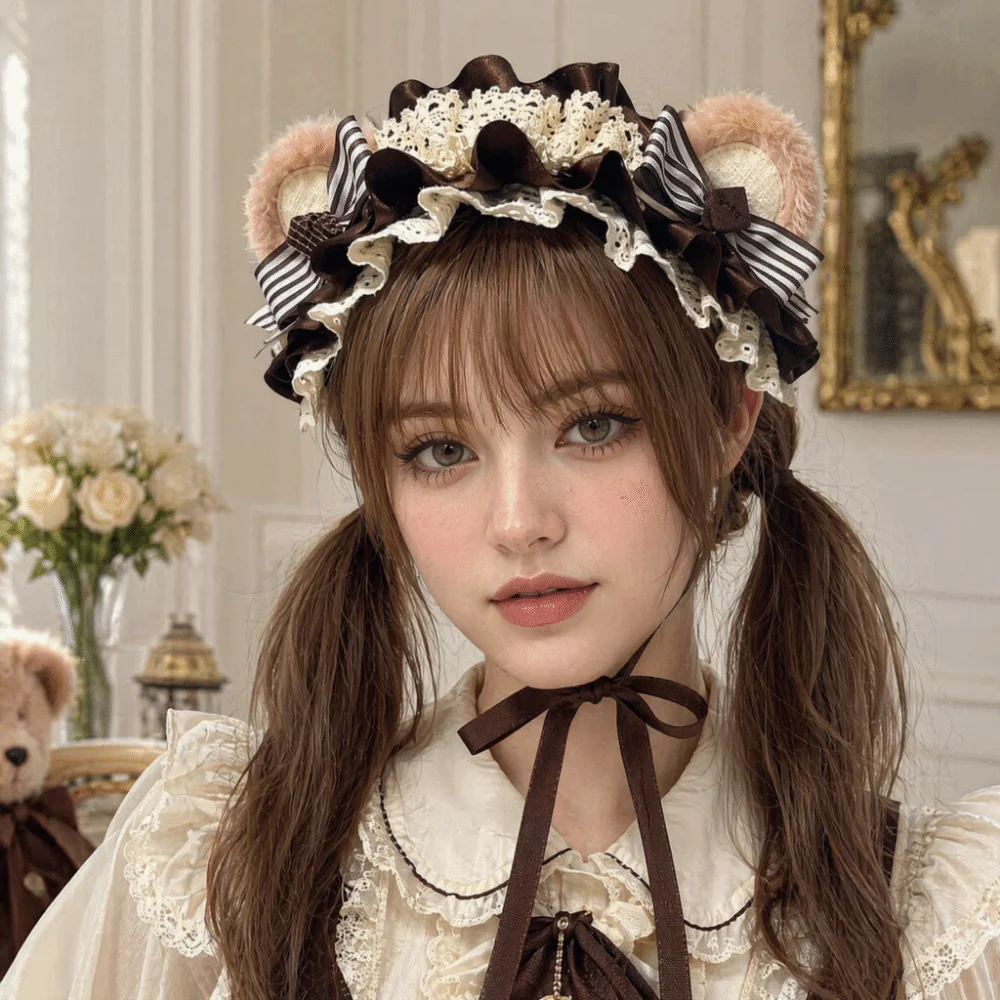 Adjustable Bear Ear Cookies Headband Sweet Lace Bow Lolita Hair Hoop Lace-up Lightweight KC Girl Hair Accessory Anime Convention
