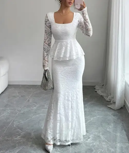 

Womens Dresses 2025 Autumn/winter Elegant Lace Long Sleeve Bodycon Dress Hook Flower Hollow Sexy Retro Elegant Dress for Women