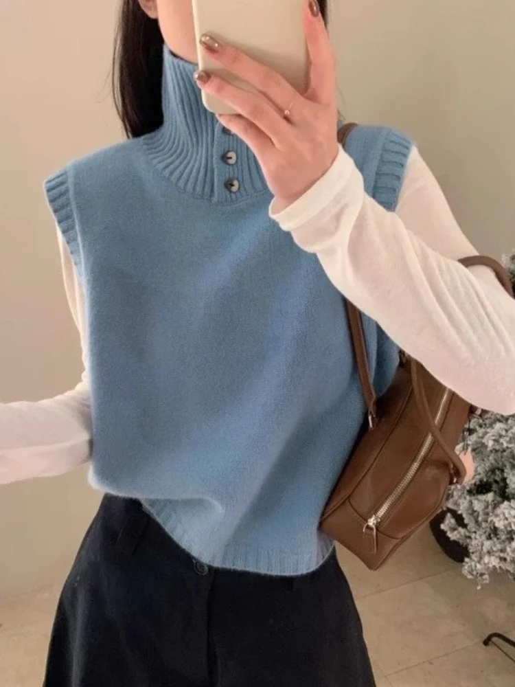 

Весенне-осенняя новая модная однотонная вязаная майка с воротником на пуговицах для женщин, художественный ретро-свитер без рукавов, топ