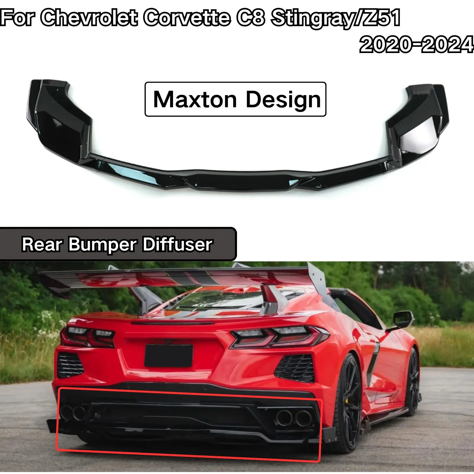 Rear Bumper Diffuser For Chevrolet Corvette C8 2020-2024 Stingray Z51 Maxton Design Non-Widebody Spoiler Splitter Body Kit