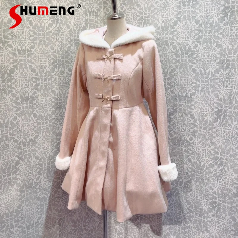 Japanese Lolita Sweet Fluffy Dress Hooded Warm Outerwear Jacket 4 Colors Single-Breasted Slim Fit Long-sleeves Jaquetas Female