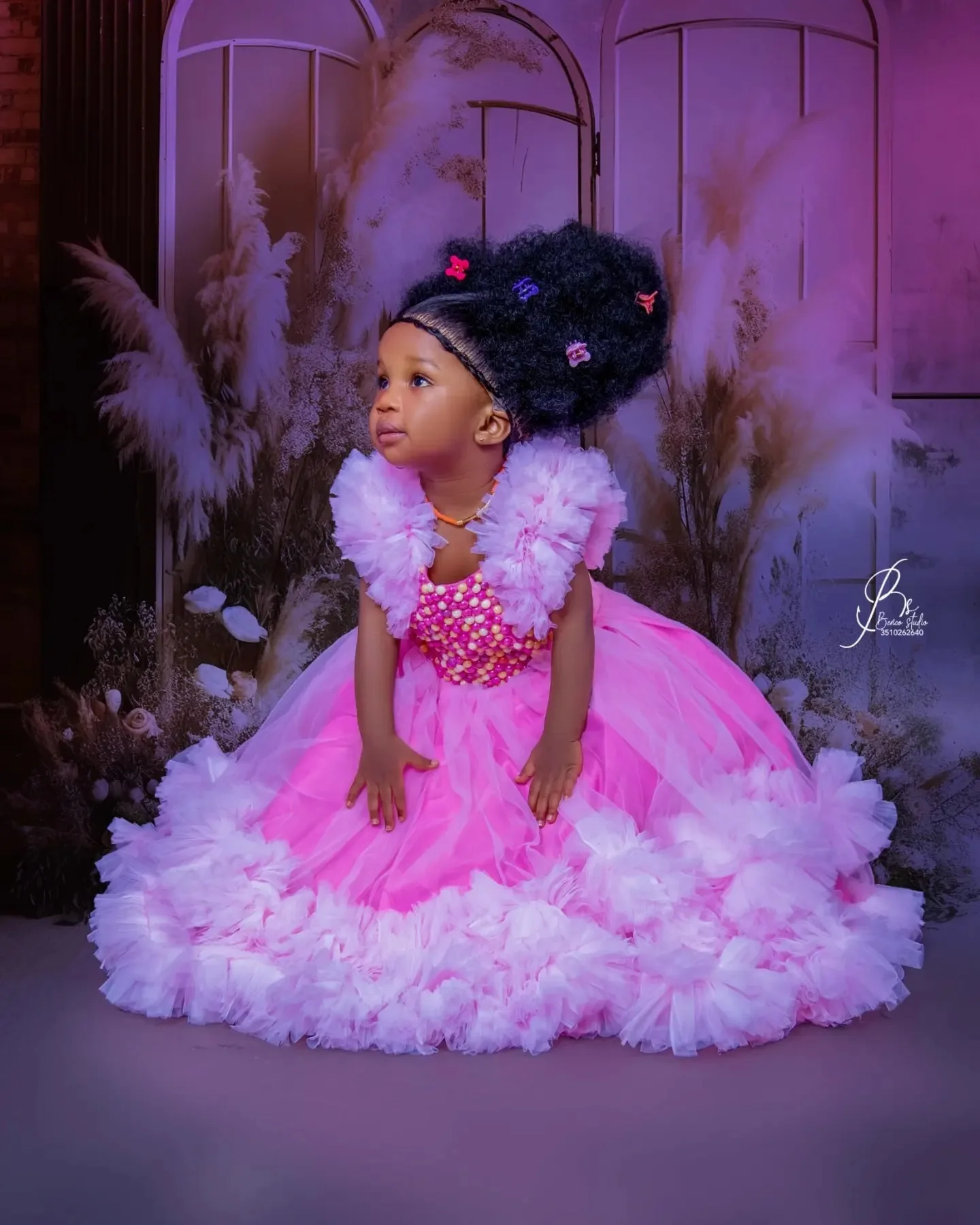 

Customized Pink Flower Girl Dress For Wedding Tulle Layered Beaded Pearls 2026 Kids Baby Birthday Party First Communion Gown