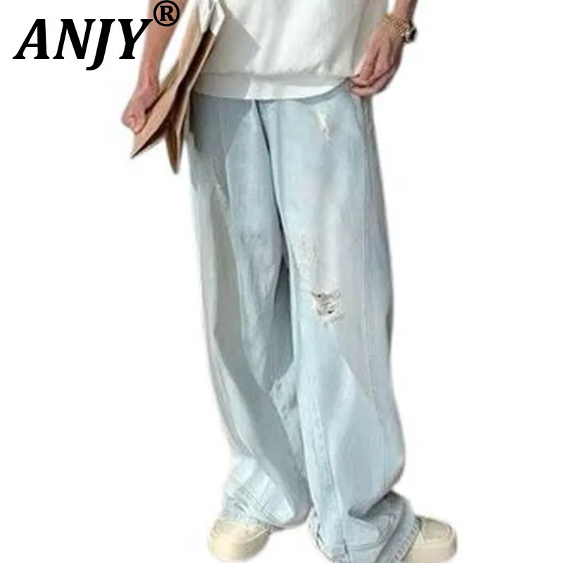 

ANJY Summer Autumn American Chic Ins Fresh Washed Hole Simple Unisex Straight Jeans Versatile Casual High-End Denim Pants A11372