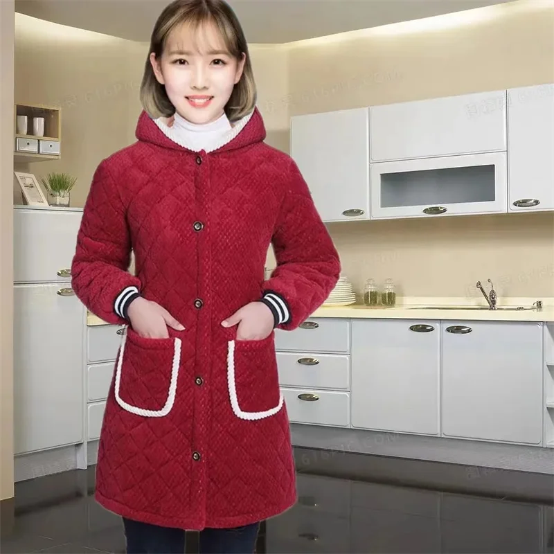 Autumn Winter New Overwear Thickened Velvet Lnsulated Women's Outer Wear Thick Coat Work Suit Button Hooded Style Stain Resistan