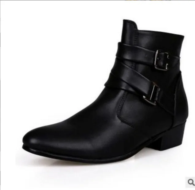 2024 New Men's shoes Black fashion belt buckle Boots Casual waterproof leather boots male pointed comfortable footwear Botas