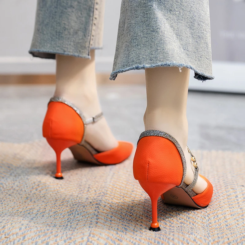Mix Color Ankle Strap High Heels Shoes Women Pu Leather Thin Heeled Pumps Woman 2025 New Shining Patchwork Party Shoes