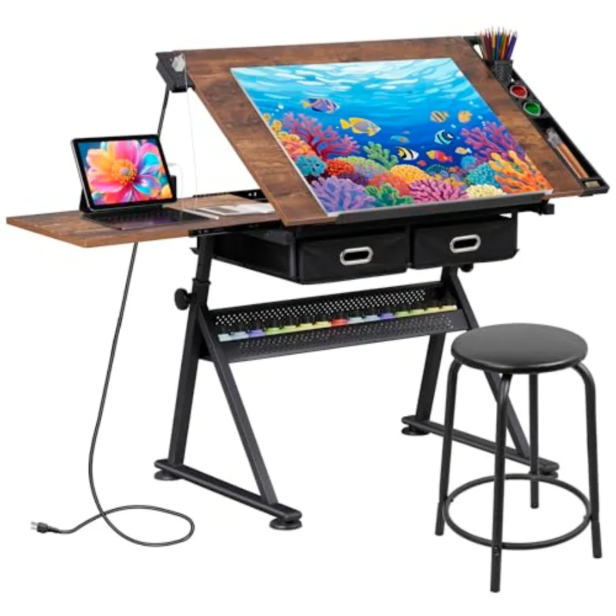 

Adjustable Tilting Drafting Table Art Desk with Power Outlet and Stool 2 Storage Drawers Wood Finish Ideal for Home Office Writ