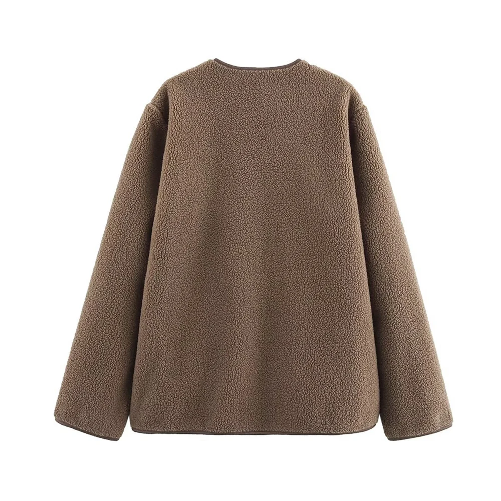 سترة صوف عصرية أوروبية وأمريكية بتصميم جيب كاجوال ملابس خارجية نسائية ذات طراز شعبي #3