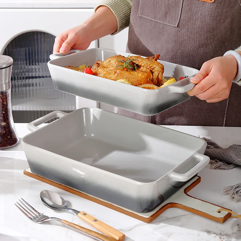 Gradual change gray ceramic binaural baking pan high-end rectangular with ear plate cooking utensils