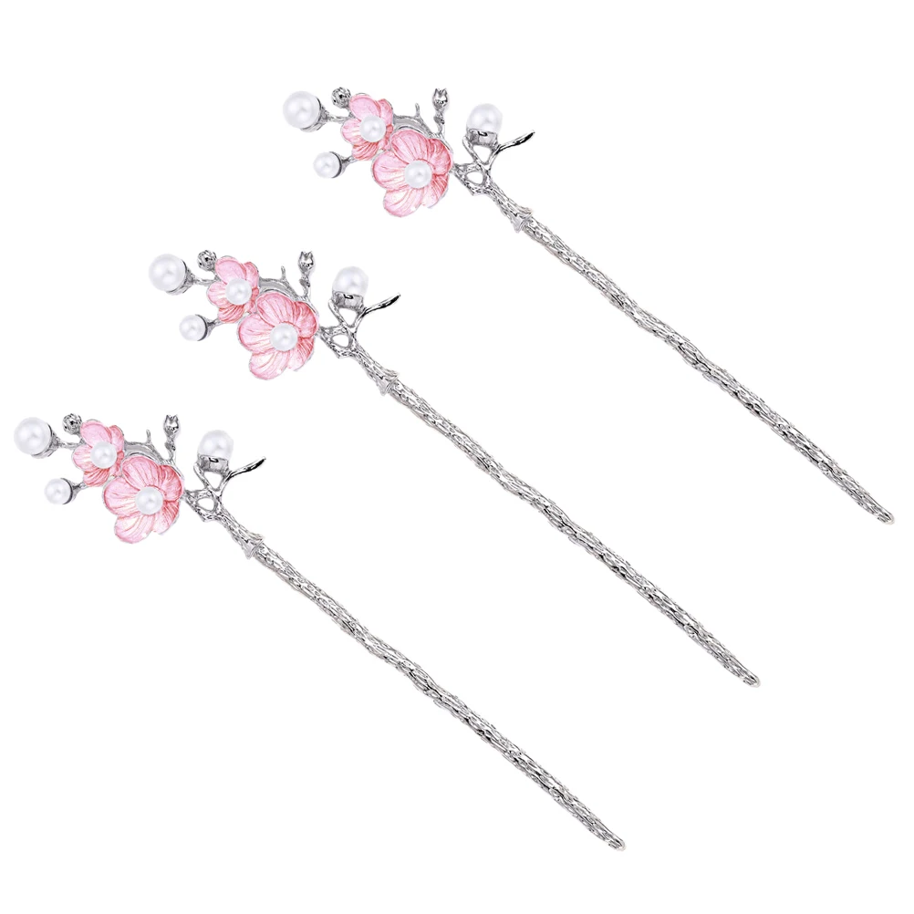 

3 Pcs Plum Blossom Hairpin Chinese Prom Flower Pearl Hairpins Chopsticks Decorative Imitation Tassels Girl