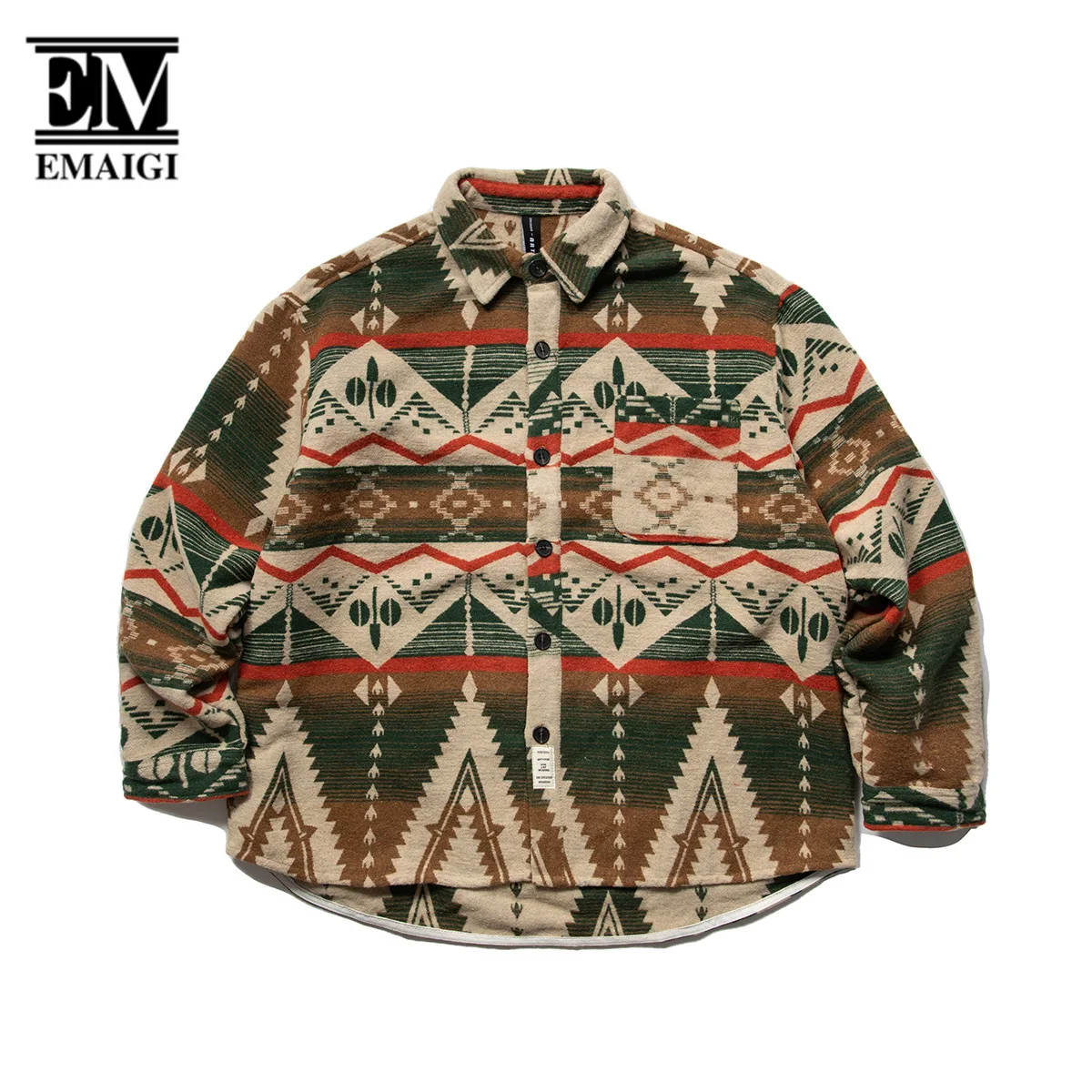 

Men Autumn National Pattern Woolen Loose Casual Long Sleeve Vintage Streetwear Fashion Thicken Shirts Cityboy Shirt Coat