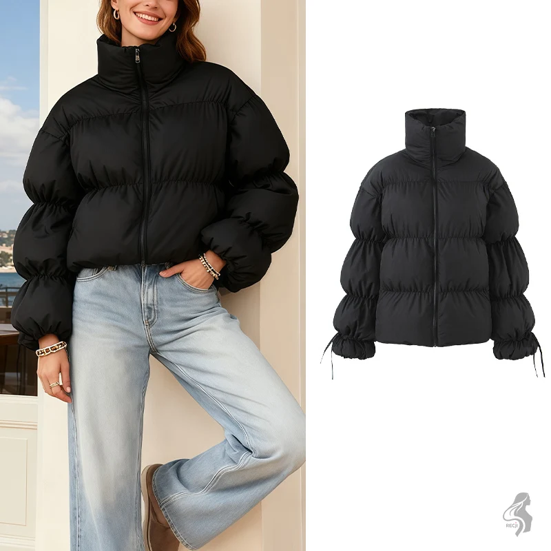 

Black Turtleneck Puff Sleeve Puffer Jacket With Drawstring Cuffs Short Coat Trendy And Warm Womens Autumn And Winter Wear