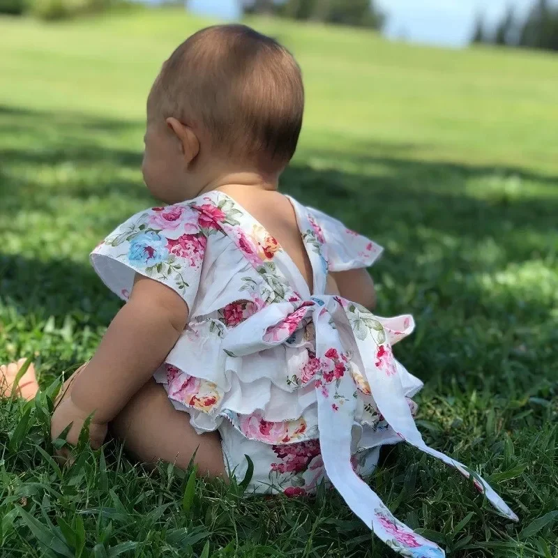 Algodão roupas da menina do bebê trajes floral impressão bandana boutique verão para recém-nascido bonito vintage macacão 0 3 6 meses