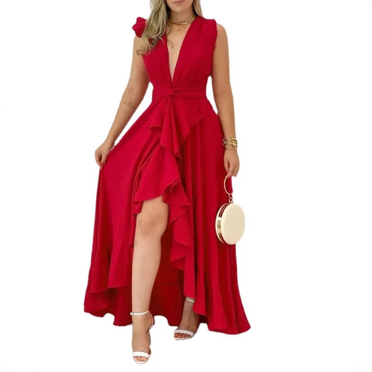 Spring High Waist Red Korean Version Stand-up Collar Long Dress With Printed Temperament Commuter Sleeveless Suspender Dress