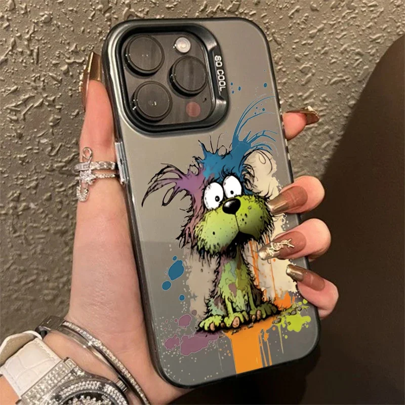 Graffiti Dog Sheep Matte Laser Phone Case For iPhone 13 Pro Max 15 13 12 11 XS X XR 7 8 14 Plus 15 Lens Protection Plating Cover