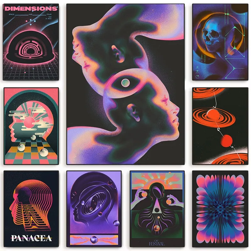 Futurisme abstrait, Art mural, personnage coloré foncé, toile imprimée, affiche rétro tendance pour salon, décoration de maison, cadeau