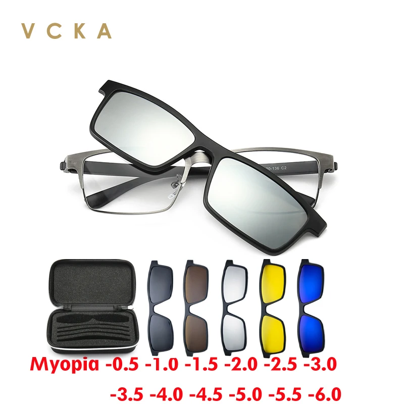 VCKA  Square Myopia Glasses Sunglasses 2024 Magnet Clip Men Business Women Alloy Full Frame Custom Optics Eyewear -0.5 to -10