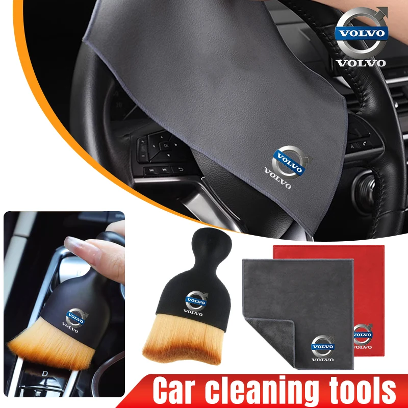 Car Interior Cleaning Soft Brush With Car Wash Towel Microfiber Cleaning Rag Cloth For Volvo XC90 XC60 C30 T6 S60 C70 XC40 V40