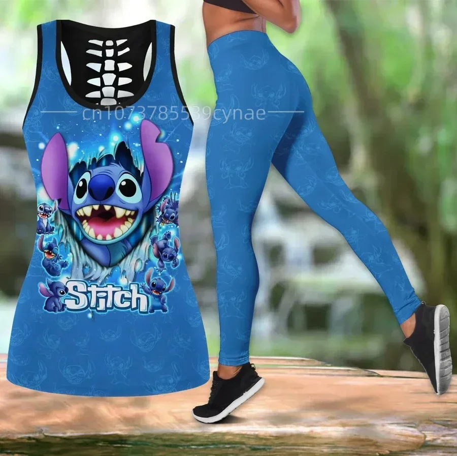 New Disney Stitch Book Hollow Tank Top+Women\'s Leggings Yoga Wear Fitness Leggings Sports Suit Disney Tank Top Leggings Suit