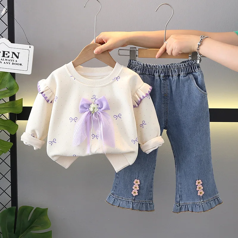 

Baby Girl Clothes 2025 Spring Autumn Full Print Bow Long Sleeve Pullover Tops and Jeans 2 Piece Girls Set Children's Clothing