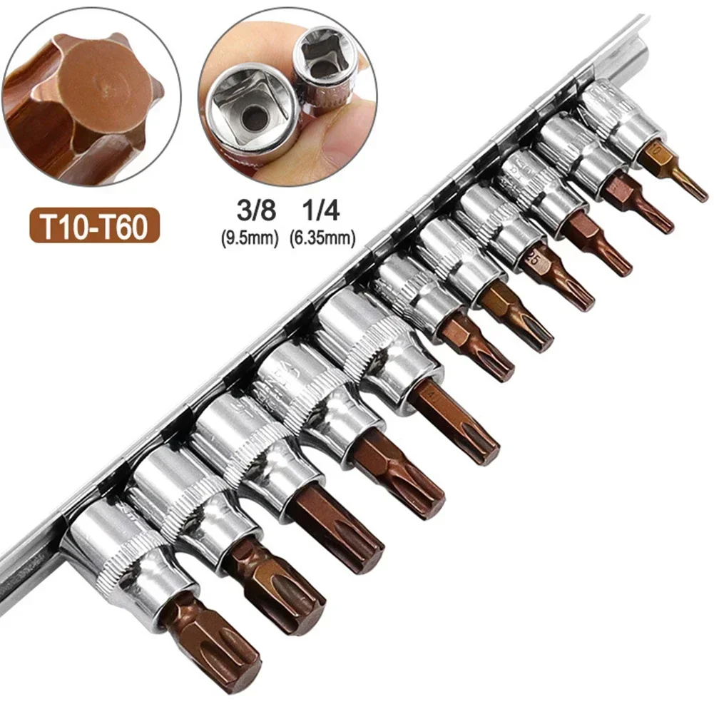 11PCS Torx Screwdriver Bit Bits  3/8 1/4inch Drive Socket Chrome Vanadium Steel Ratchet Socket Wrench Adapter Press-fit Sleeve