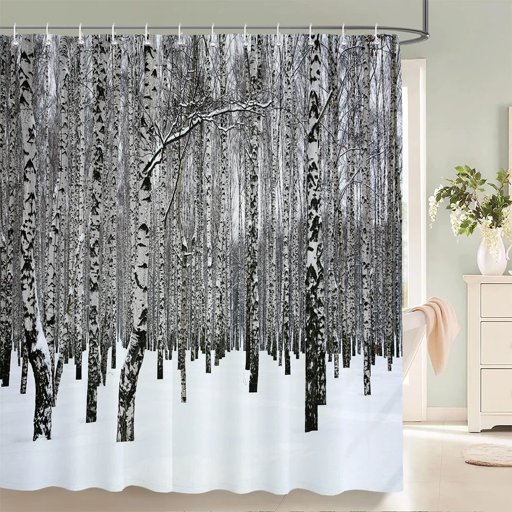 Stylish Tree Print Shower Curtain with Hooks Water-Repellent Screen Telescopic Rod Compatible Quick to Hang & Machine-Washable
