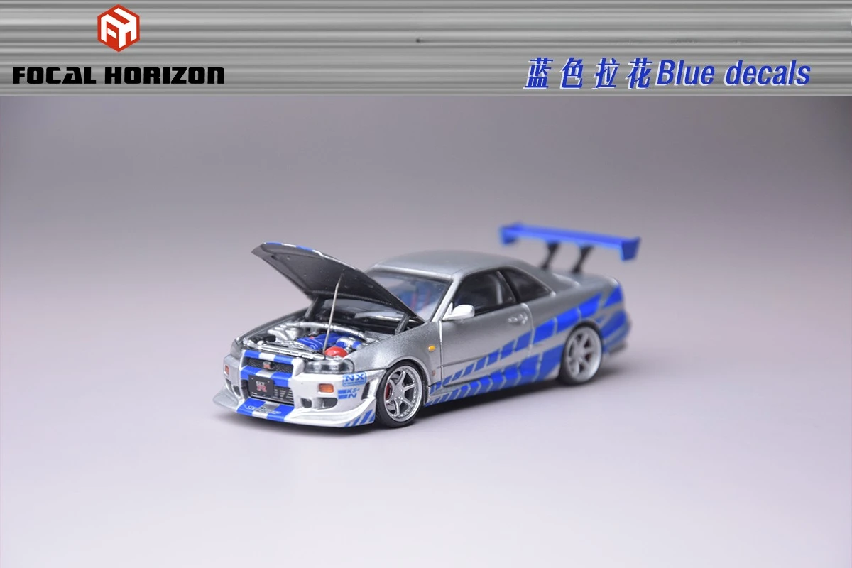 سيارة Focal Horizon FH 1:64 R34 Fast Furious C-West FNF باللون الفضي والأزرق