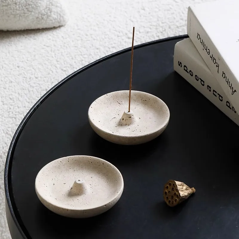 

Wabi-Sabi Stone Incense Burner Round Travertine Calming Aroma Storage Base Plate Portable Decoration Aesthetic Home Office Decor