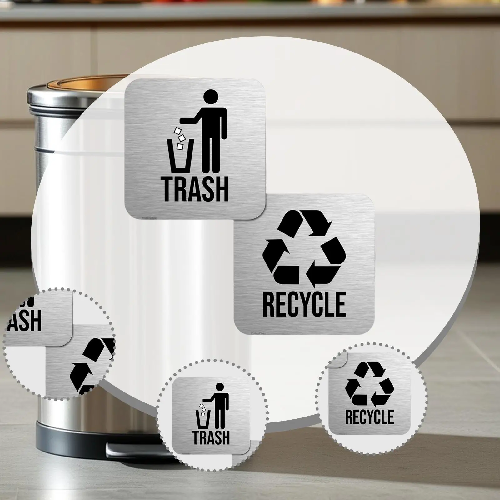 2 Pieces Recycle and Trash Sign Kit Accessory Lightweight Sturdy 14x14cm Versatile Stainless Steel Garbage Can Logo Symbol