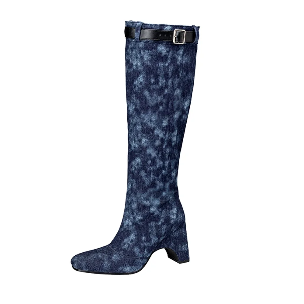Women's Square Toe Washed Fabric Knee‑High Boots,Buckle Decor Block Heel Rubber Sole Boots,2 Colors Size 34‑48  703-1