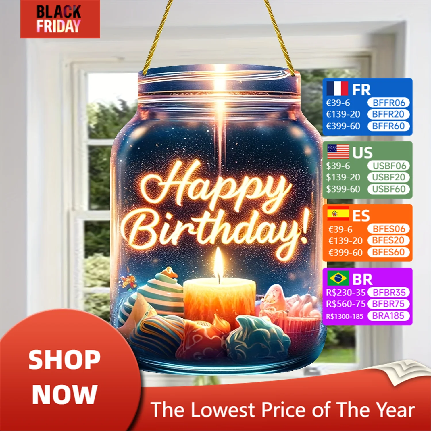 Happy Birthday Theme Mason Jar Light Catcher,Beautiful Birthday Gift For Relatives And Friends, Bedroom,Door,Window Hanging