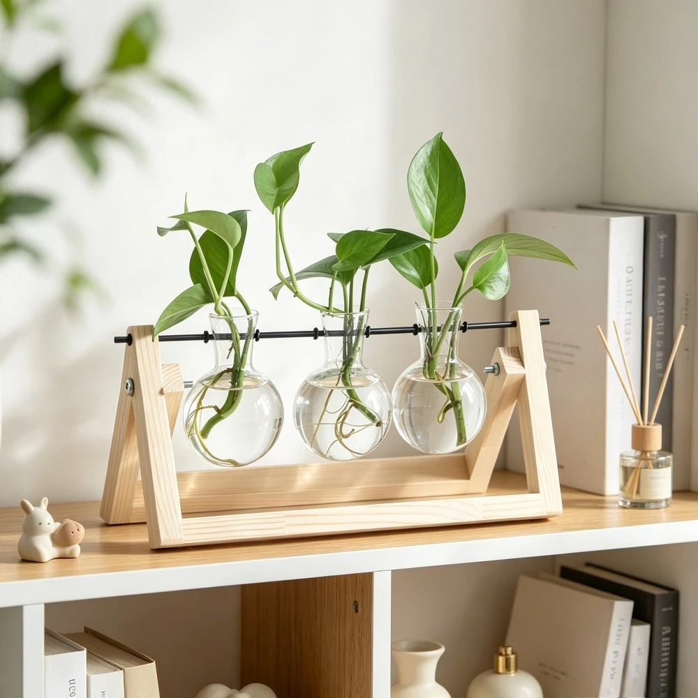 Propagation Station Vase - Kreativer Schaukel-Holzhalter mit Glasvase, Hydroponische Pflanzenvermehrungsstation