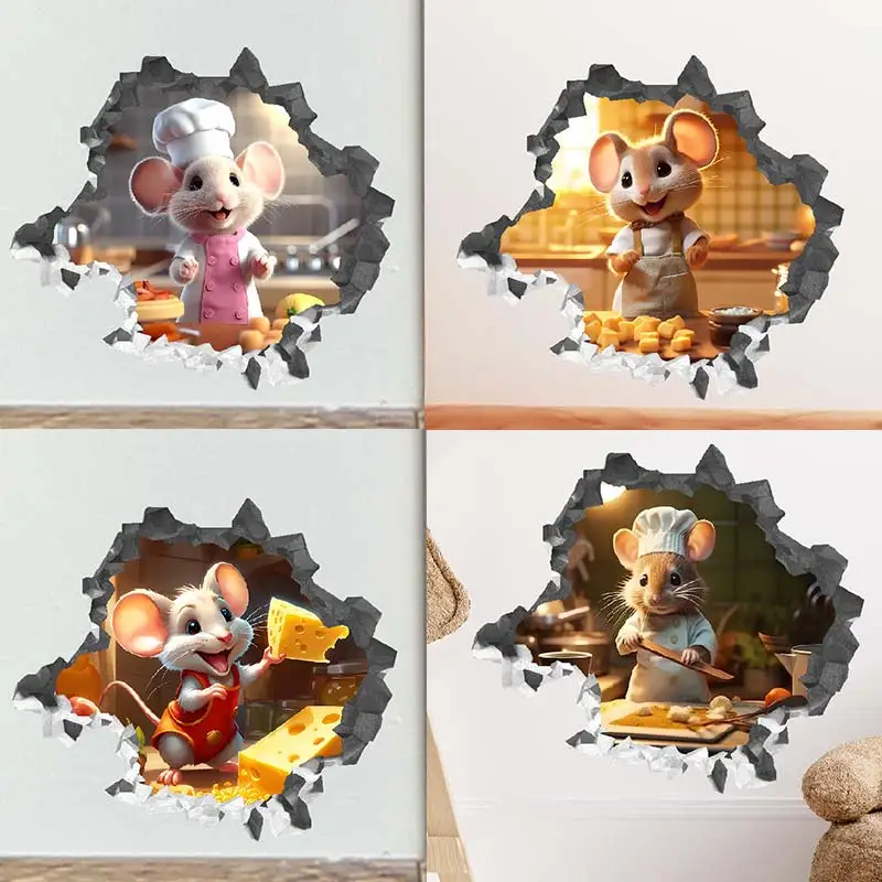 3D Broken Wall Cute Chef Mouse Hole Wall Sticker Living Room Wall Edge Home Decoration For Kids Bedroom Wallpaper Mouse Decals