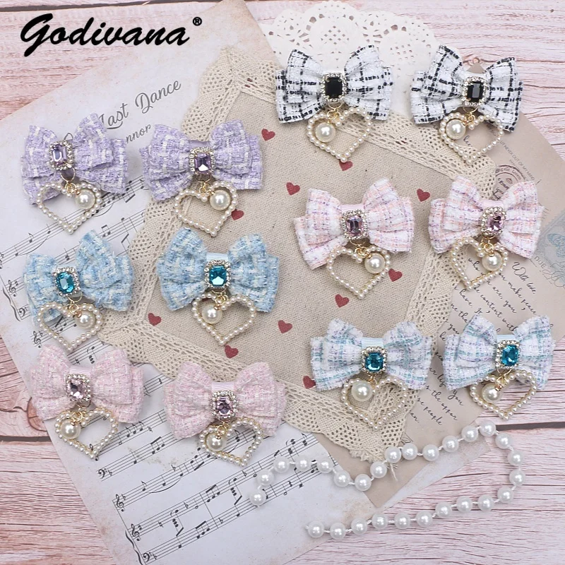 

Handmade Japanese Classic Plaid Bow Pearl Pendant A Pair of Hairclips Sweet Girls Barrettes Lolita Rhinestone Side Clip Women