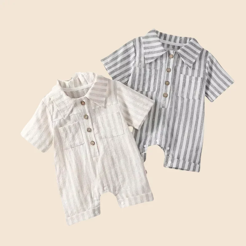 

Полосатый комбинезон-поло для маленьких мальчиков 0–2 лет, удобная и стильная одежда для ползания с короткими рукавами
