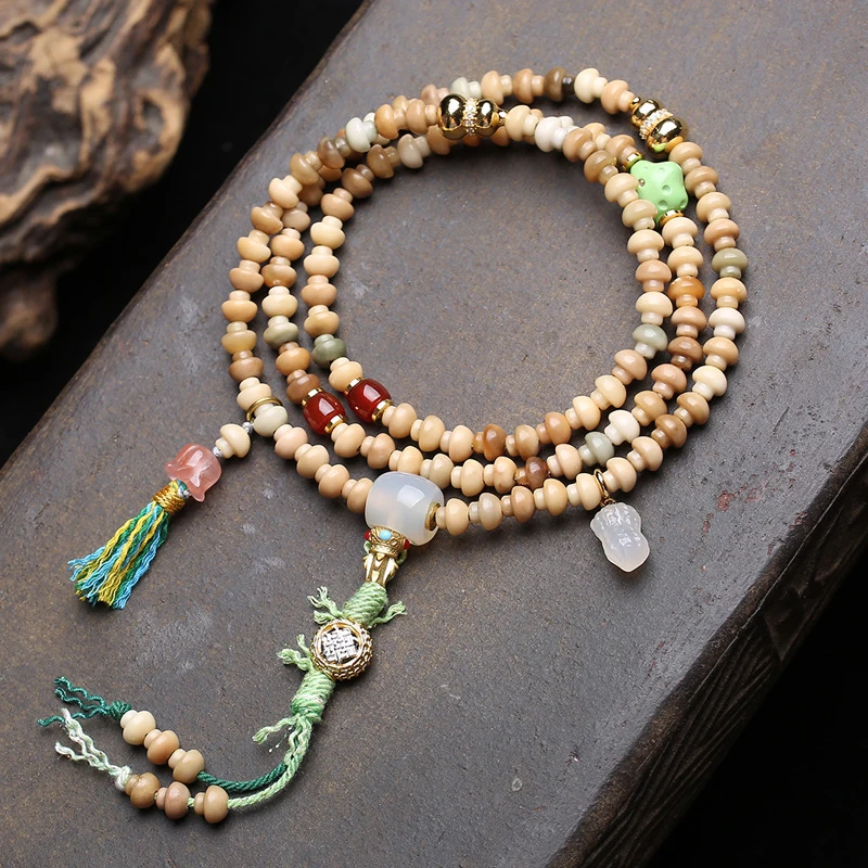 Natural Ridge Bodhi Mushroom 108 Buddha , Jadeified Multi-Treasure Agate Three-Way Connector Beads