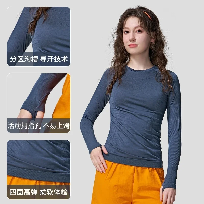 Women Breathable Long-sleeve T-shirts Quick-dry Outdoor Hiking Trekking Running Gym Tops Merino Wool Comfy Casual Sports T-shirt