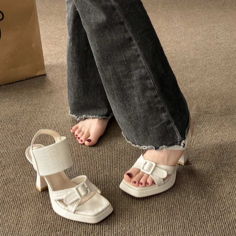 2024 Fashionable Women's Sandals Summer Square Toe High Heels Cross Buckle Elastic Fabric Women's Shoes Heels 9cm image 6