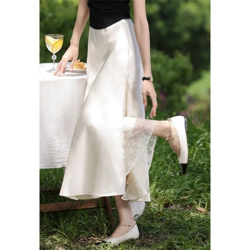 

Solid Color Lace Splicing Skirt Fashion Elegance High Waist Bodycon Fishtail Hem Slim Fit Pencil Skirts Women Summer Chic Style