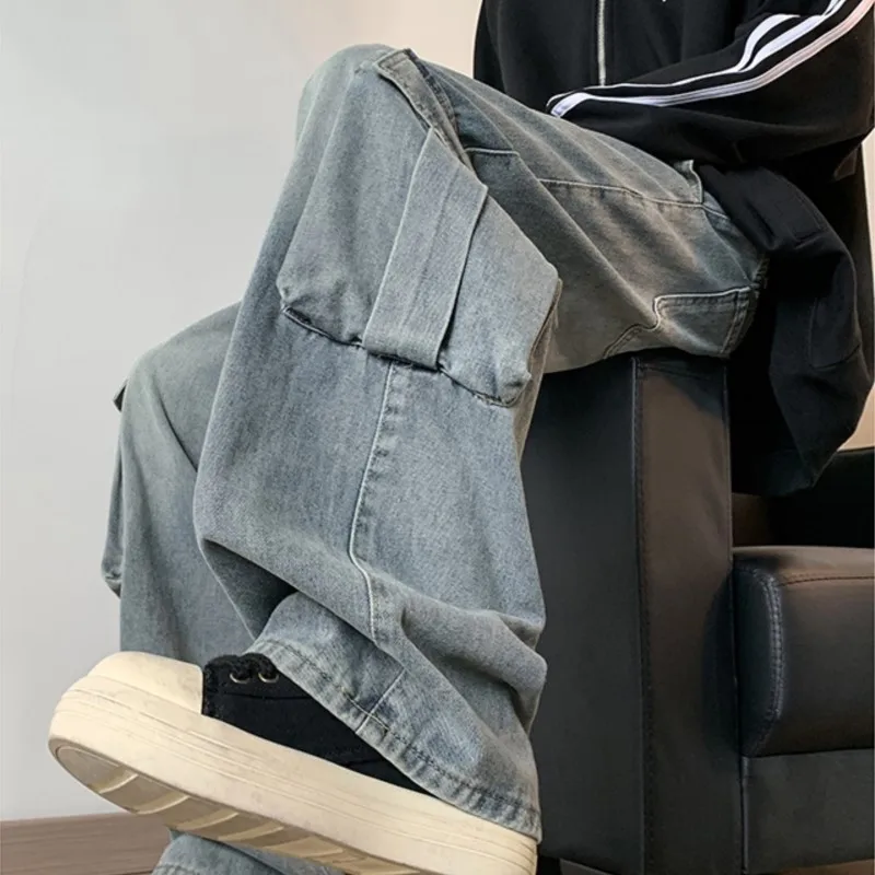 

Men Cargo Jeans Loose Straight Wide Leg Denim Pants Men's Hip Hop Streetwear Neutral Skateboard Mopping denim Trousers