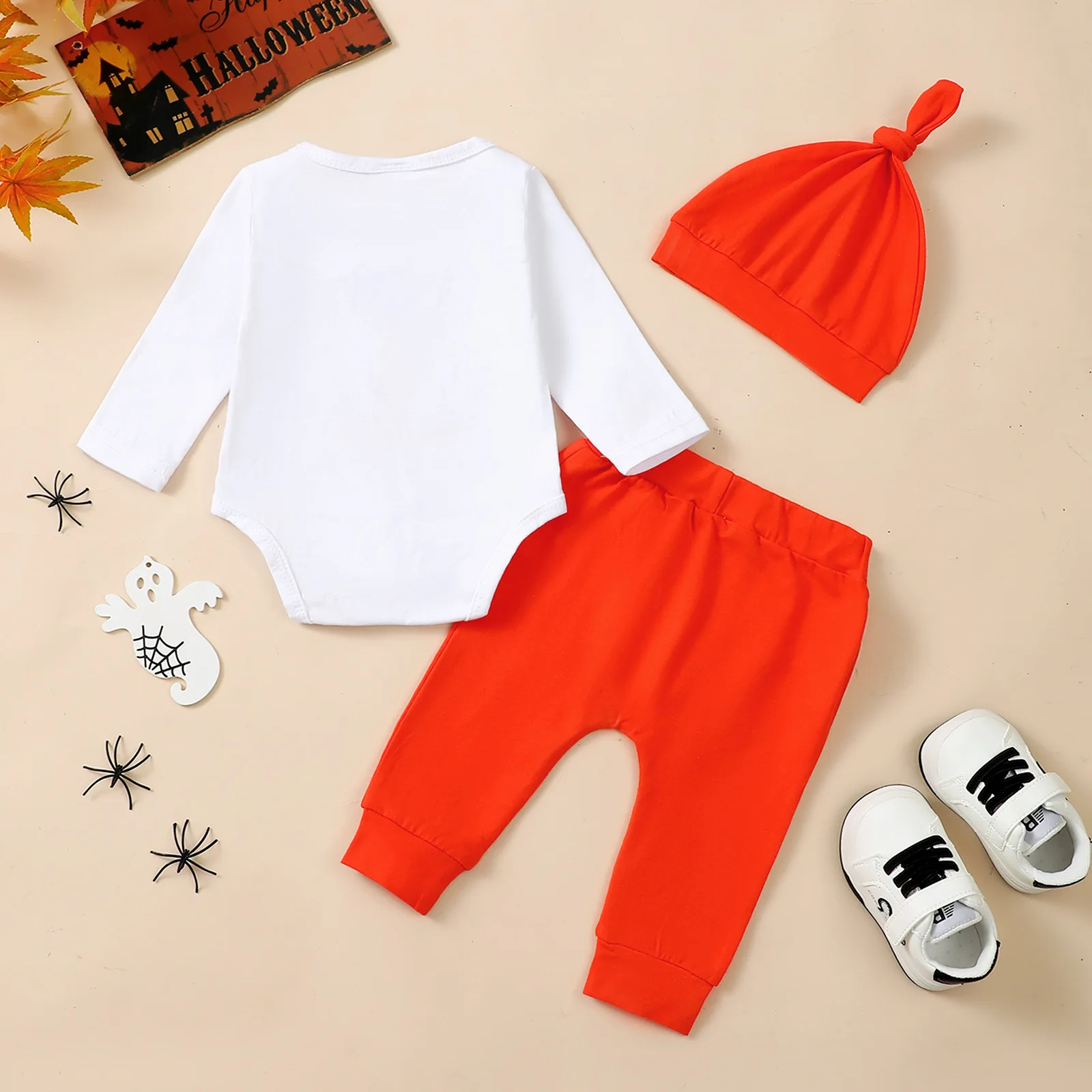 nfant Boy's Halloween Letter Print Long Sleeve round Neck Ensemble with Hat Baby Romper Outfit for Toddlers