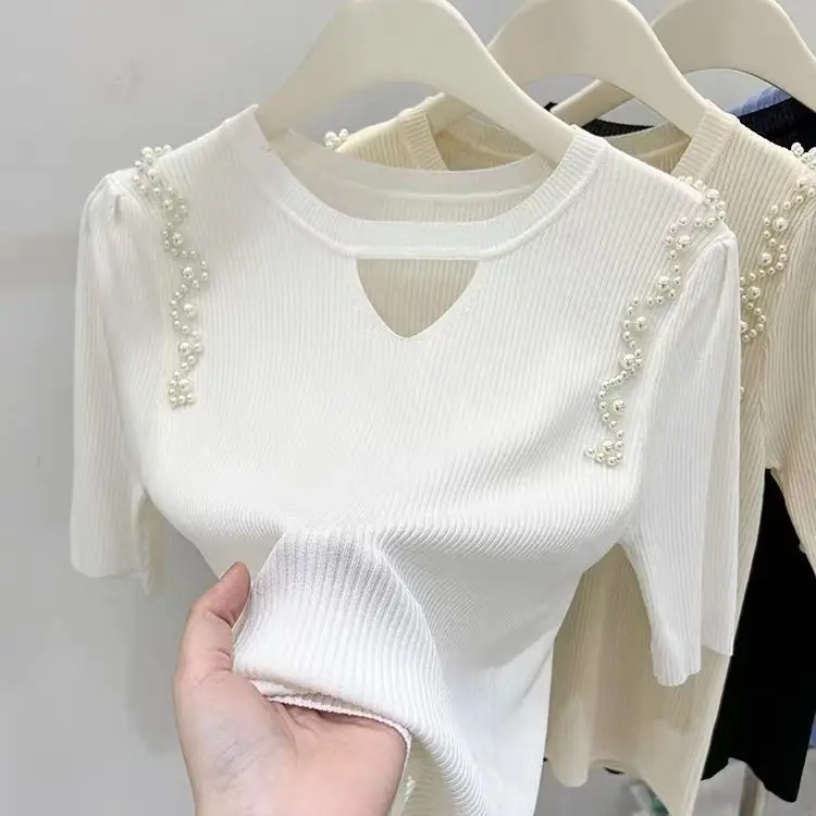 

Summer Women's Short-Sleeve Ribbed Knit Top White Crewneck Simple Fashion Slim Fit Hollow Designer Elegant Casual Wear